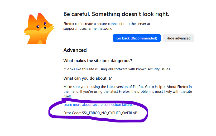 a firefox error message  where the error code is SSL_Error_No_Cypher_overlap